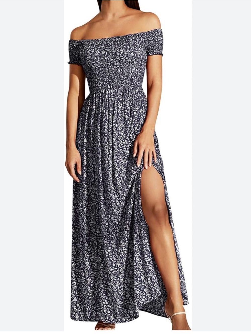 Cozy Casual Off-Shoulder Navy Floral Maxi Minimalist Dress with Side Slit Size S